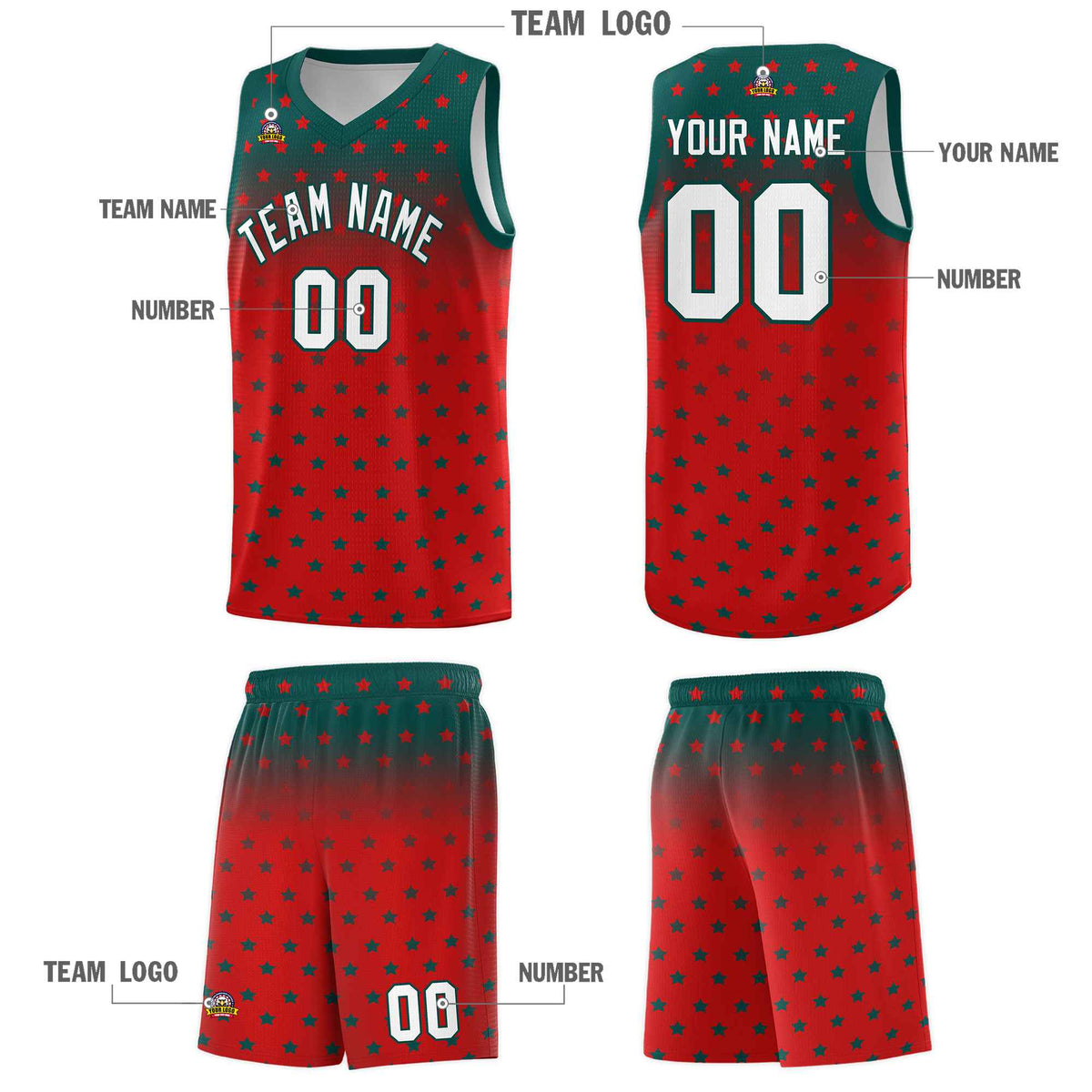 Custom Midnight Green Red Gradient Start Pattern Basketball Jersey Kits|KXKSHOP