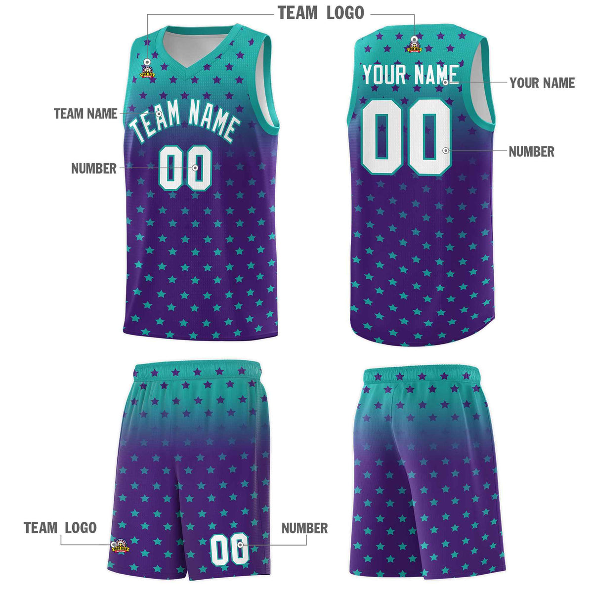 Custom Aqua Purple Gradient Start Pattern Basketball Jersey Kits|KXKSHOP