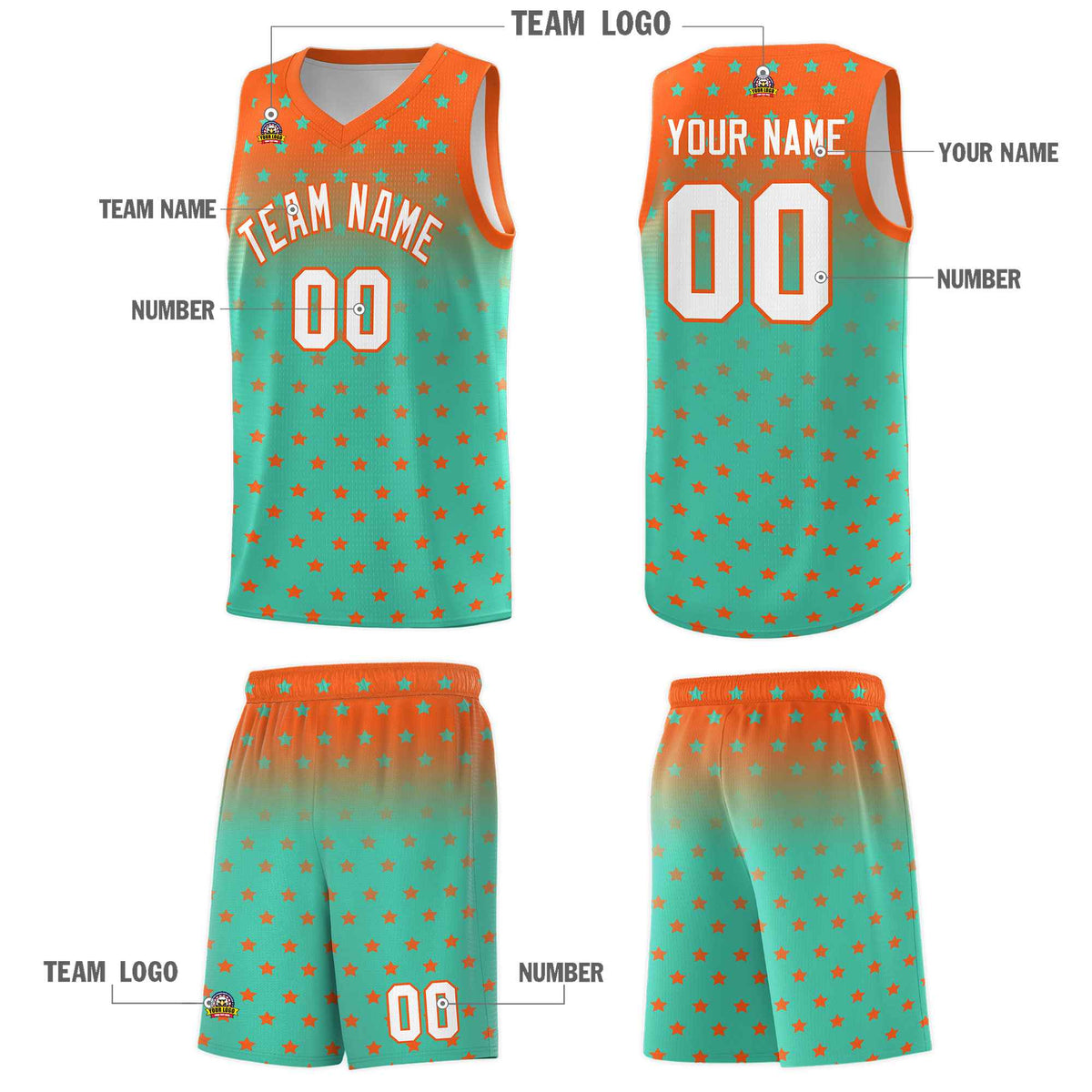 Custom Orange Aqua Gradient Start Pattern Basketball Jersey Kits|KXKSHOP