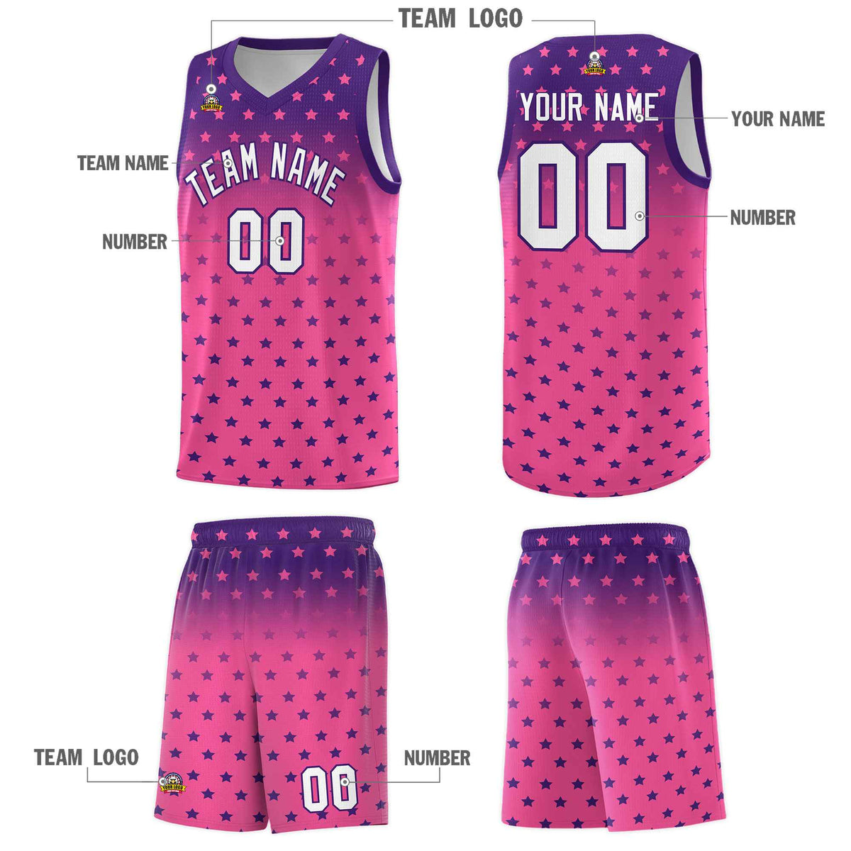 Custom Purple Pink Gradient Start Pattern Basketball Jersey Kits|KXKSHOP
