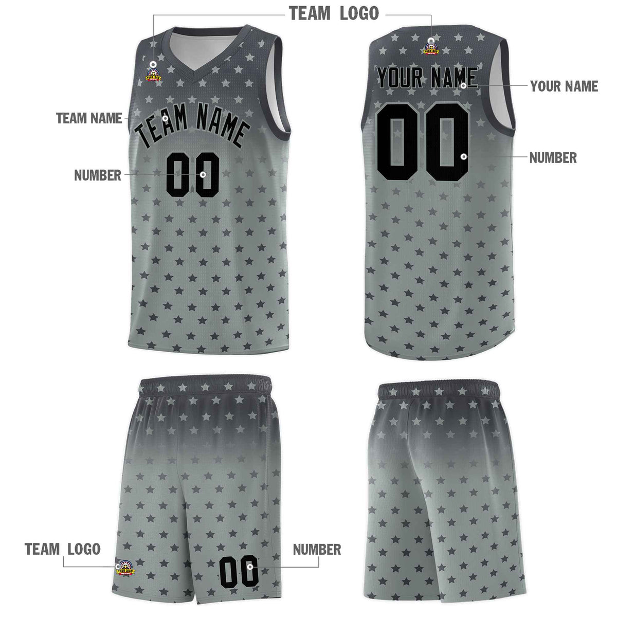 Custom Dark Gray Silver Gradient Start Pattern Basketball Jersey Kits|KXKSHOP