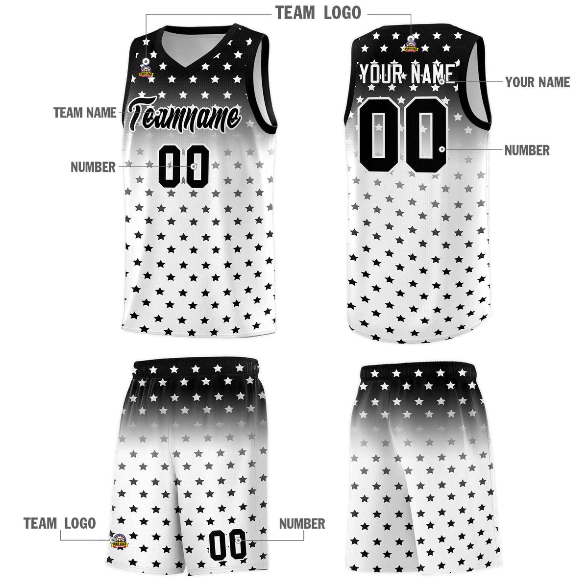 Custom Black White Gradient Start Pattern Basketball Jersey Kits|KXKSHOP