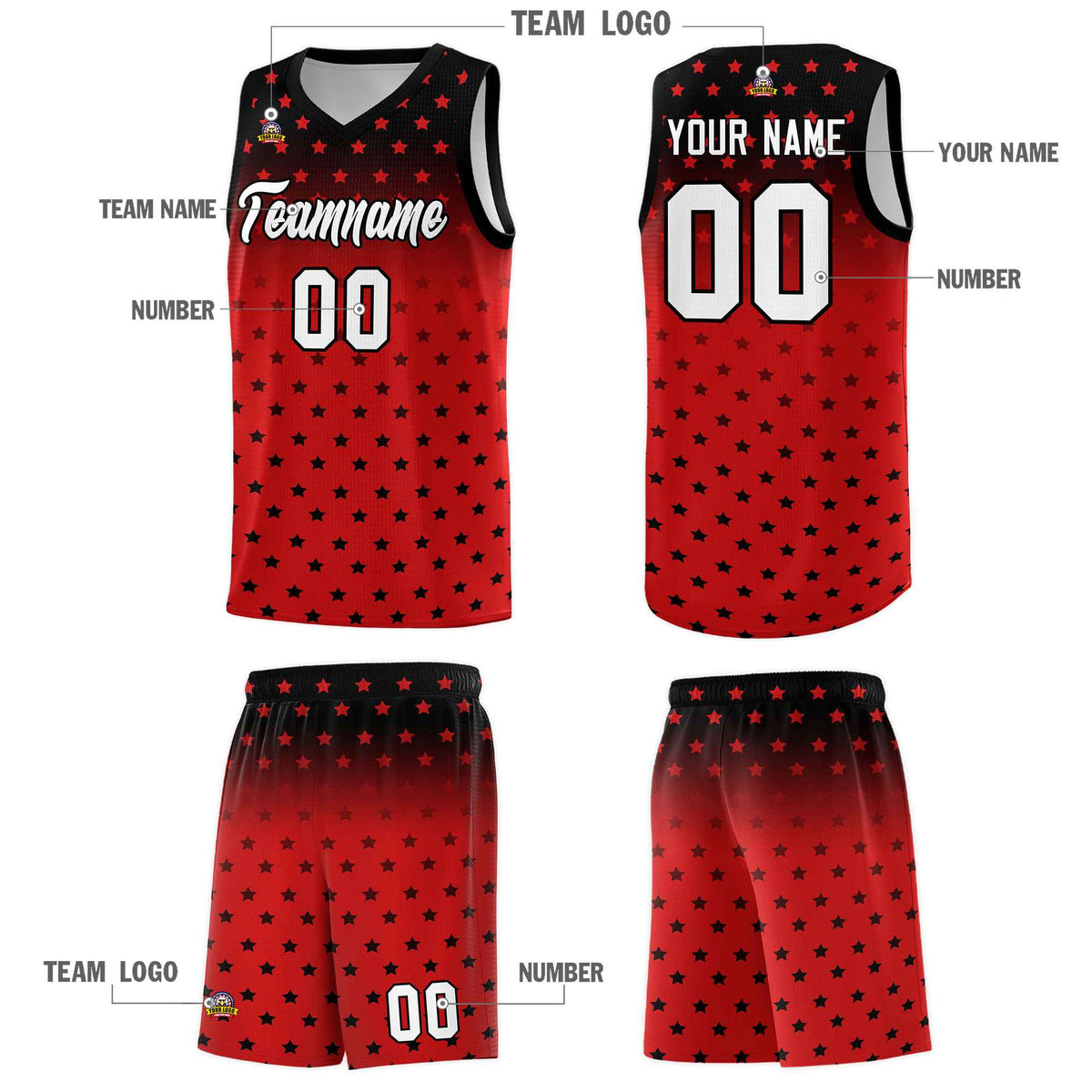 Custom Black Red Gradient Start Pattern Basketball Jersey Kits|KXKSHOP