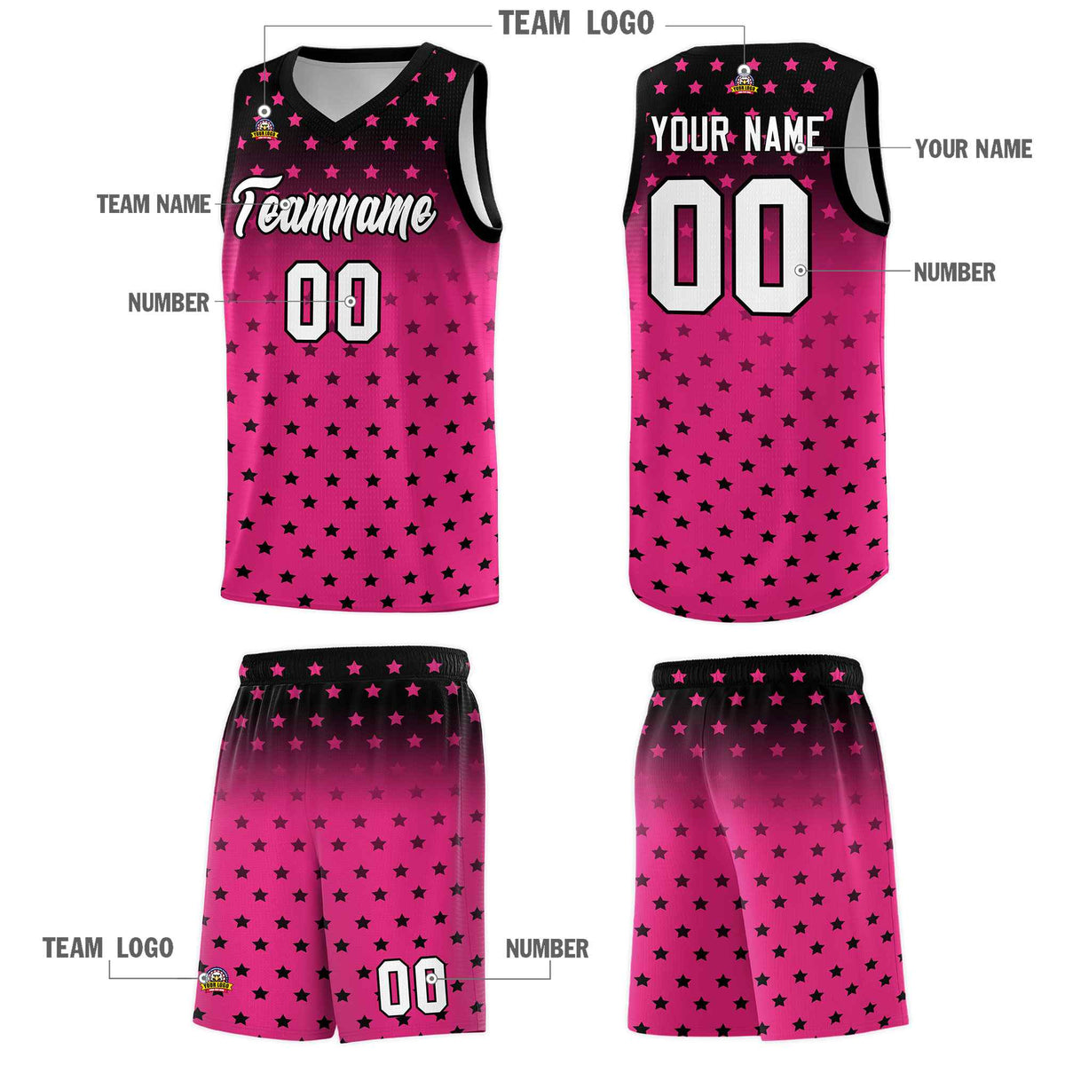 Custom Black Pink Gradient Start Pattern Basketball Jersey Kits|KXKSHOP