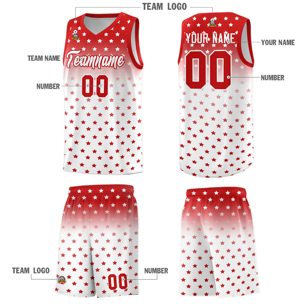Custom Red White Gradient Start Pattern Basketball Jersey Kits|KXKSHOP