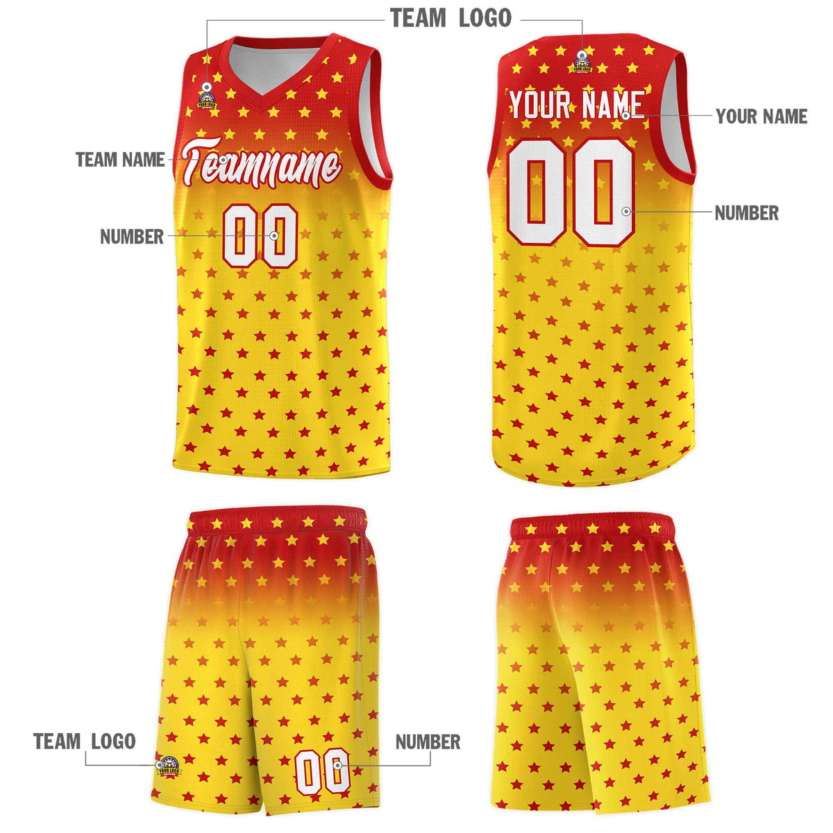 Custom Red Gold Gradient Start Pattern Basketball Jersey Kits|KXKSHOP
