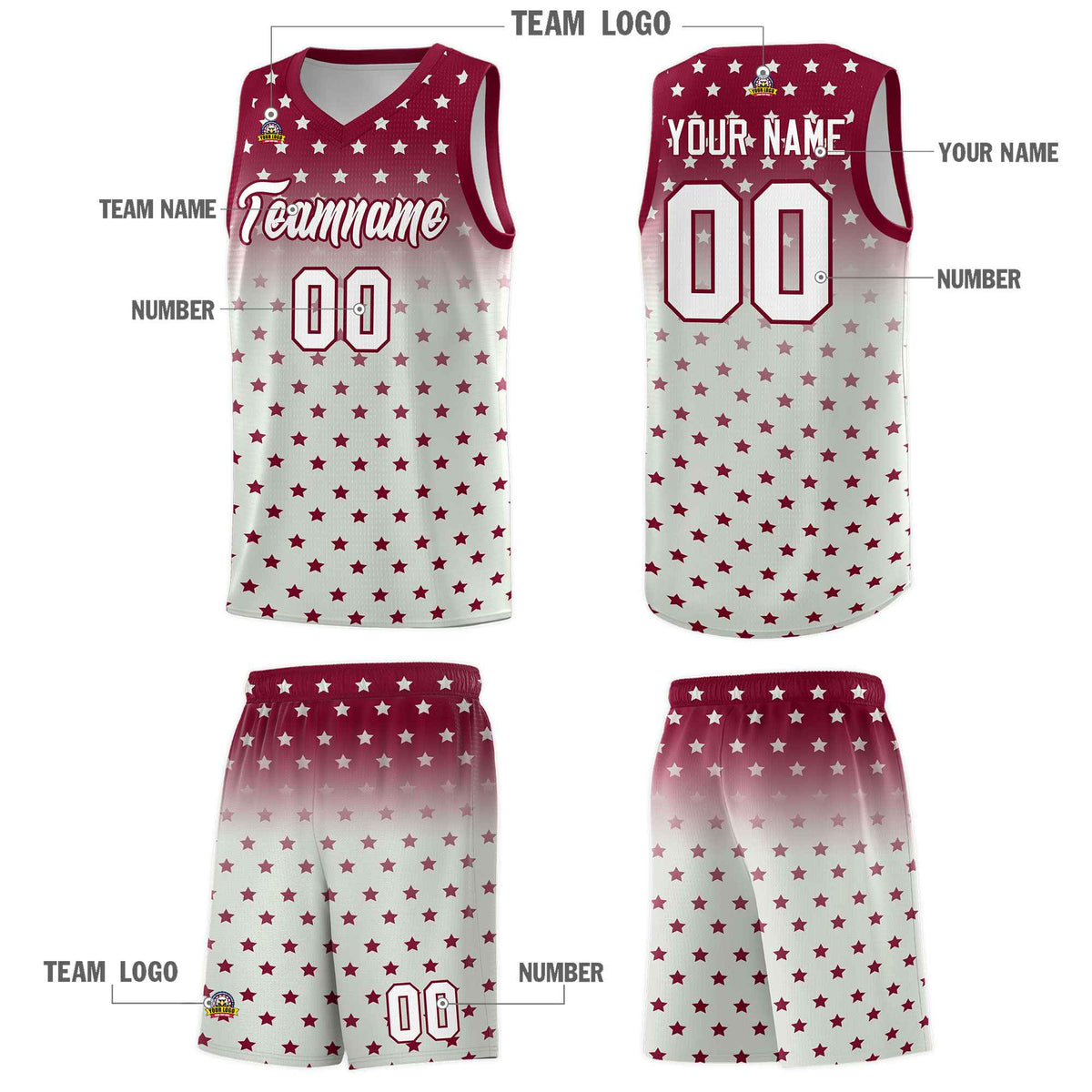 Custom Crimson Gray Gradient Start Pattern Basketball Jersey Kits|KXKSHOP