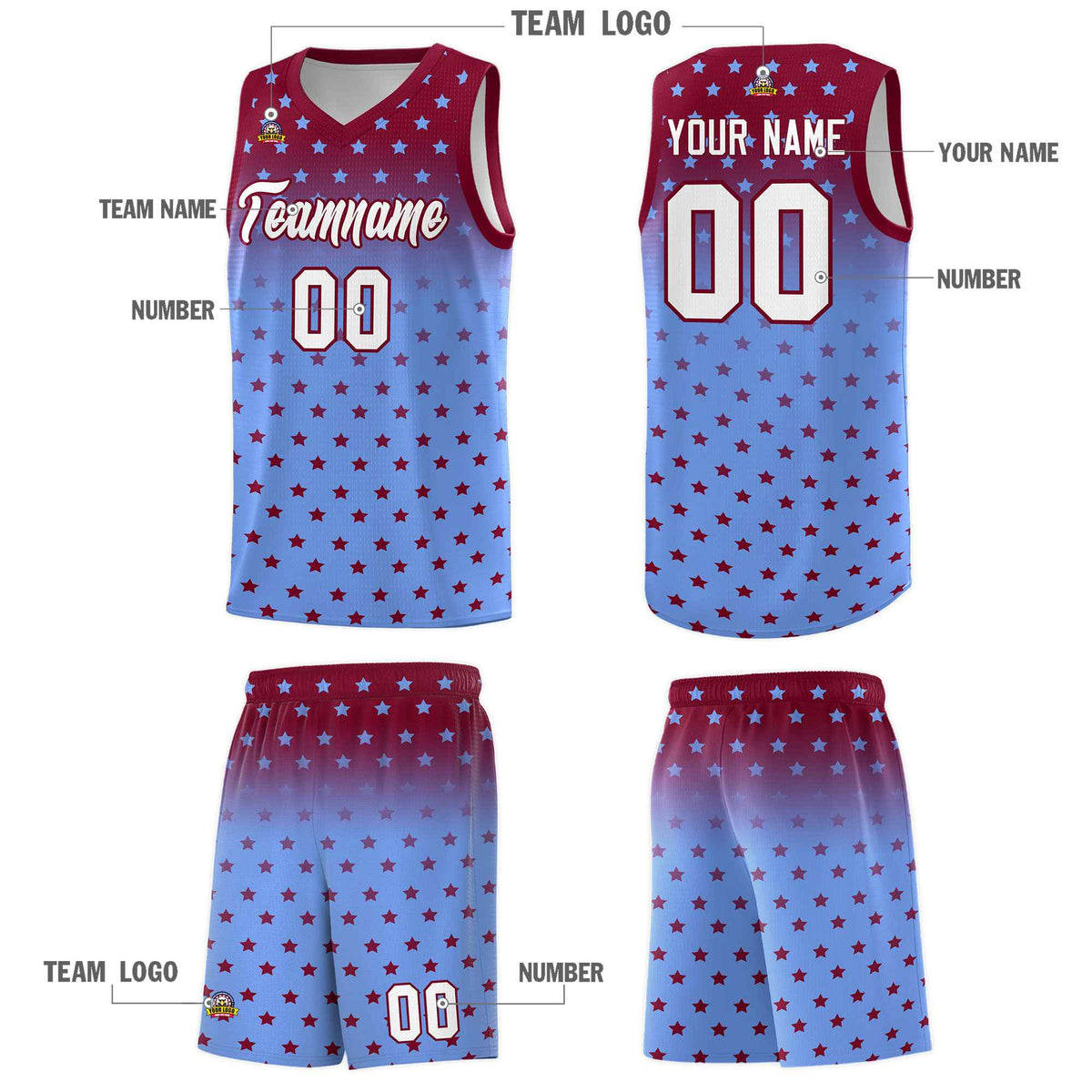 Custom Crimson Light Blue Gradient Start Pattern Basketball Jersey Kits|KXKSHOP