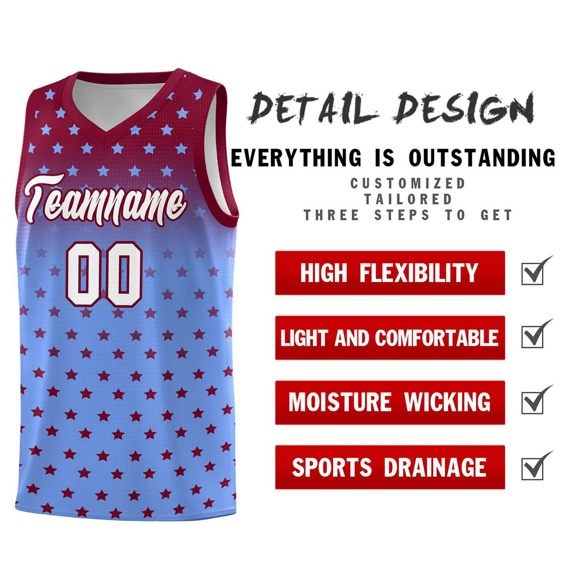 Custom Crimson Light Blue Gradient Start Pattern Basketball Jersey Kits|KXKSHOP