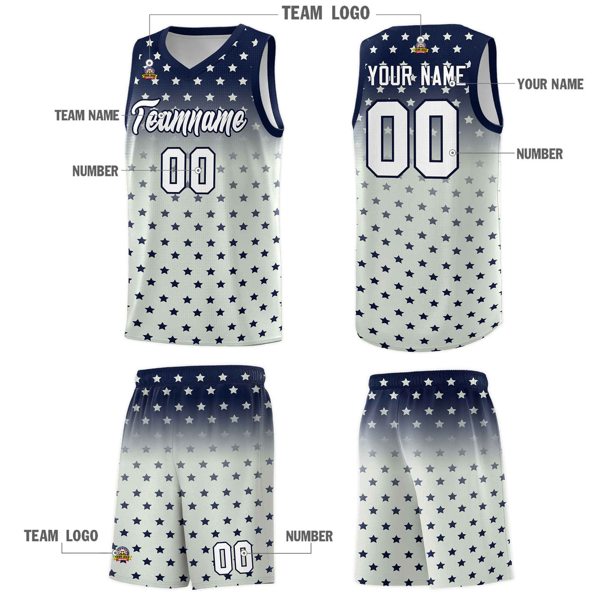 Custom Navy Gray Gradient Start Pattern Basketball Jersey Kits|KXKSHOP