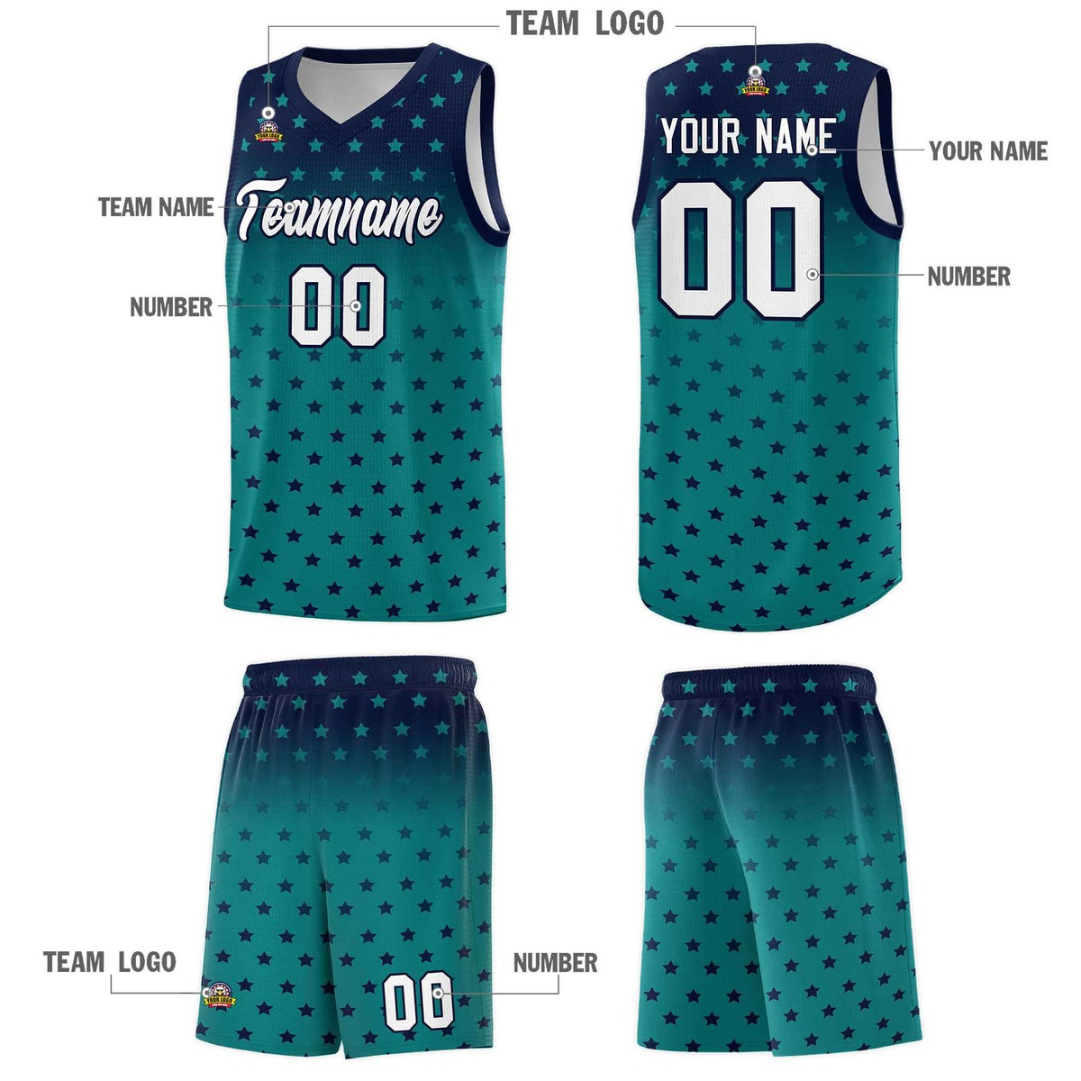 Custom Navy Aqua Gradient Start Pattern Basketball Jersey Kits|KXKSHOP