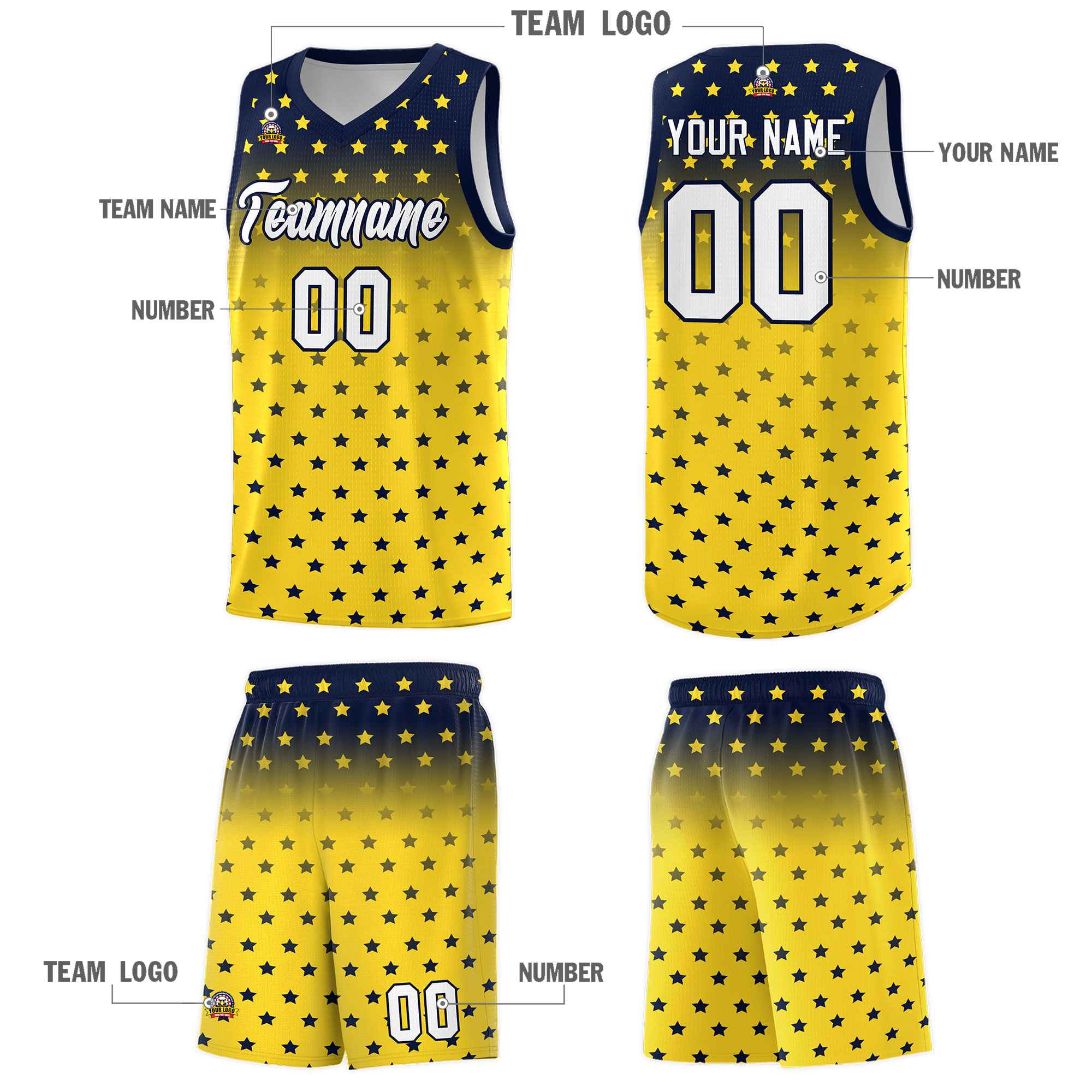 Custom Navy Gold Gradient Start Pattern Basketball Jersey Kits|KXKSHOP