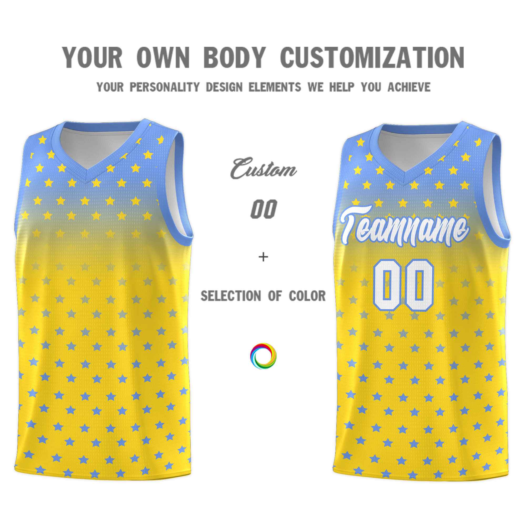 Custom Light Blue Gold Gradient Start Pattern Basketball Jersey Kits|KXKSHOP