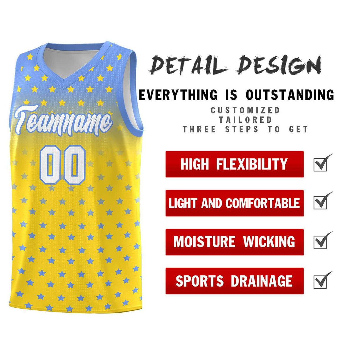 Custom Light Blue Gold Gradient Start Pattern Basketball Jersey Kits|KXKSHOP