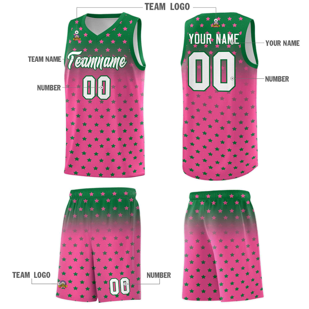 Custom Kelly Green Pink Gradient Start Pattern Basketball Jersey Kits|KXKSHOP