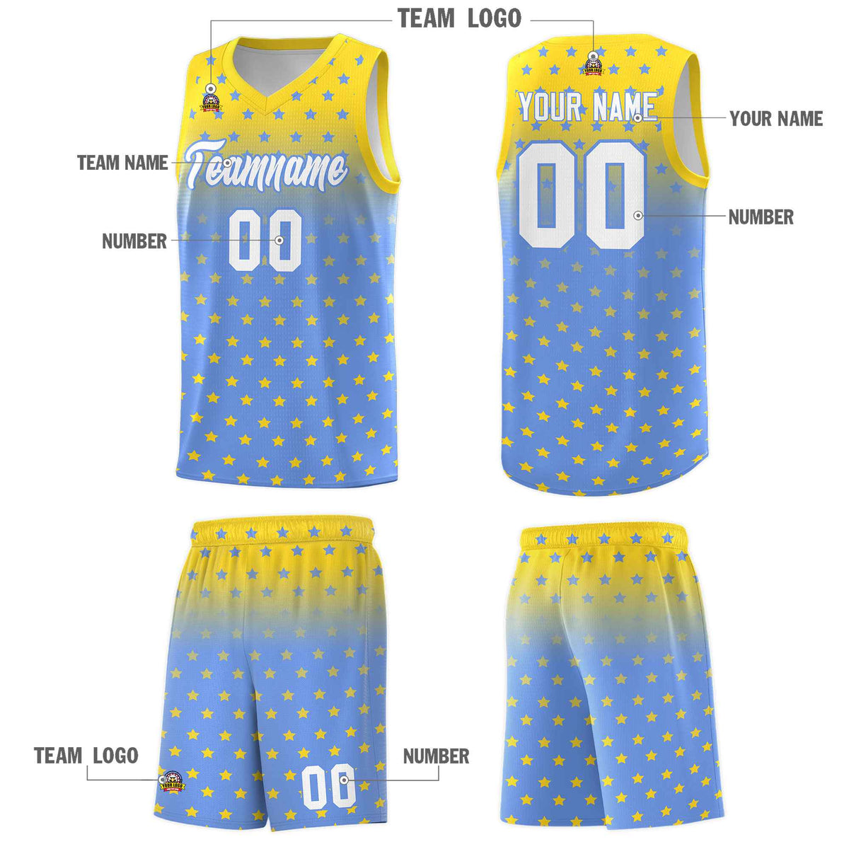Custom Gold Light Blue Gradient Start Pattern Basketball Jersey Kits|KXKSHOP