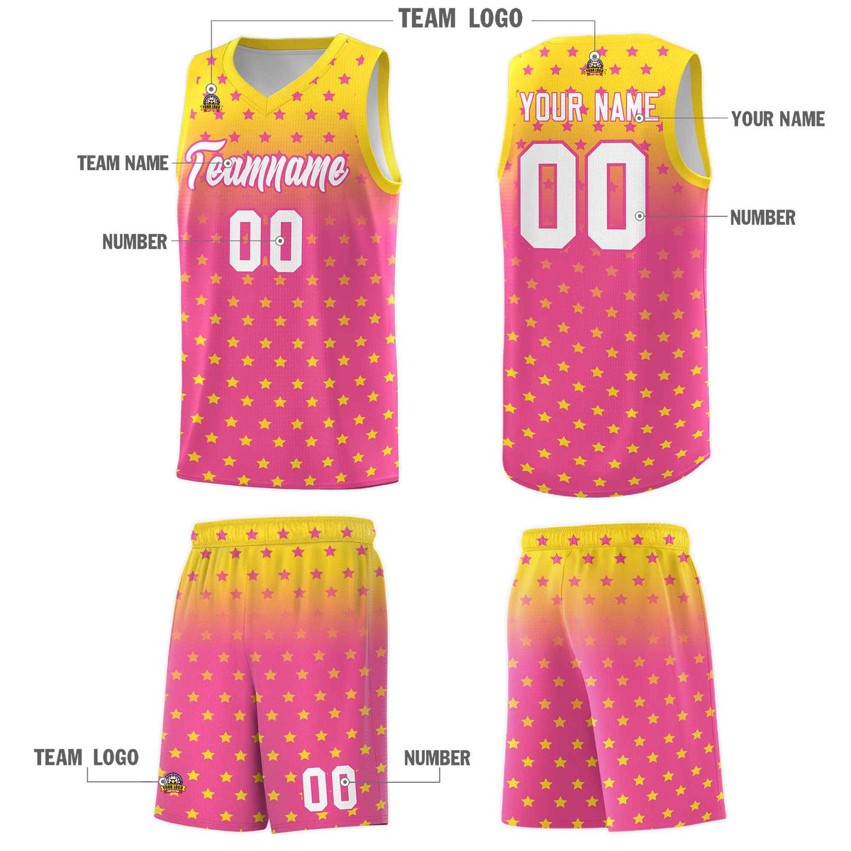 Custom Gold Pink Gradient Start Pattern Basketball Jersey Kits|KXKSHOP