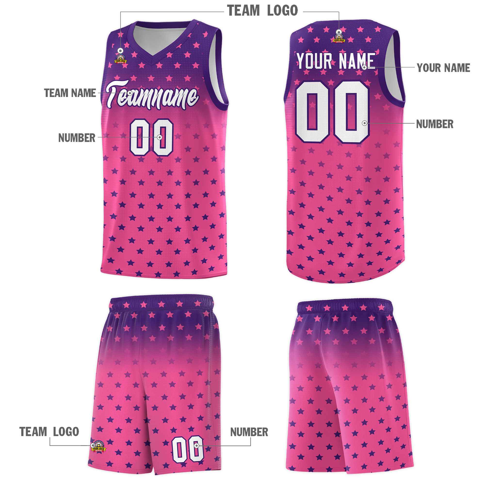 Custom Purple Pink Gradient Start Pattern Basketball Jersey Kits|KXKSHOP