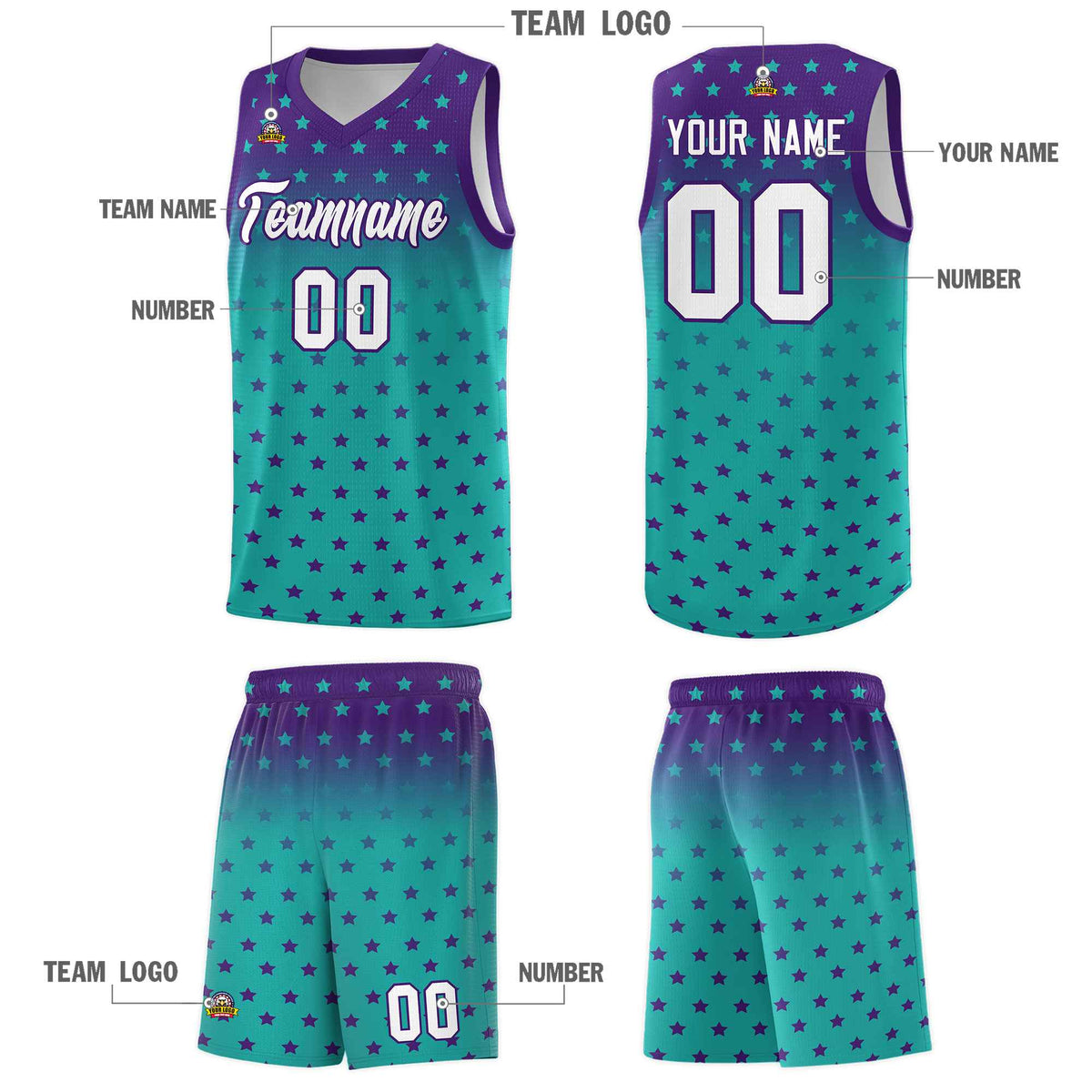 Custom Purple Aqua Gradient Start Pattern Basketball Jersey Kits|KXKSHOP