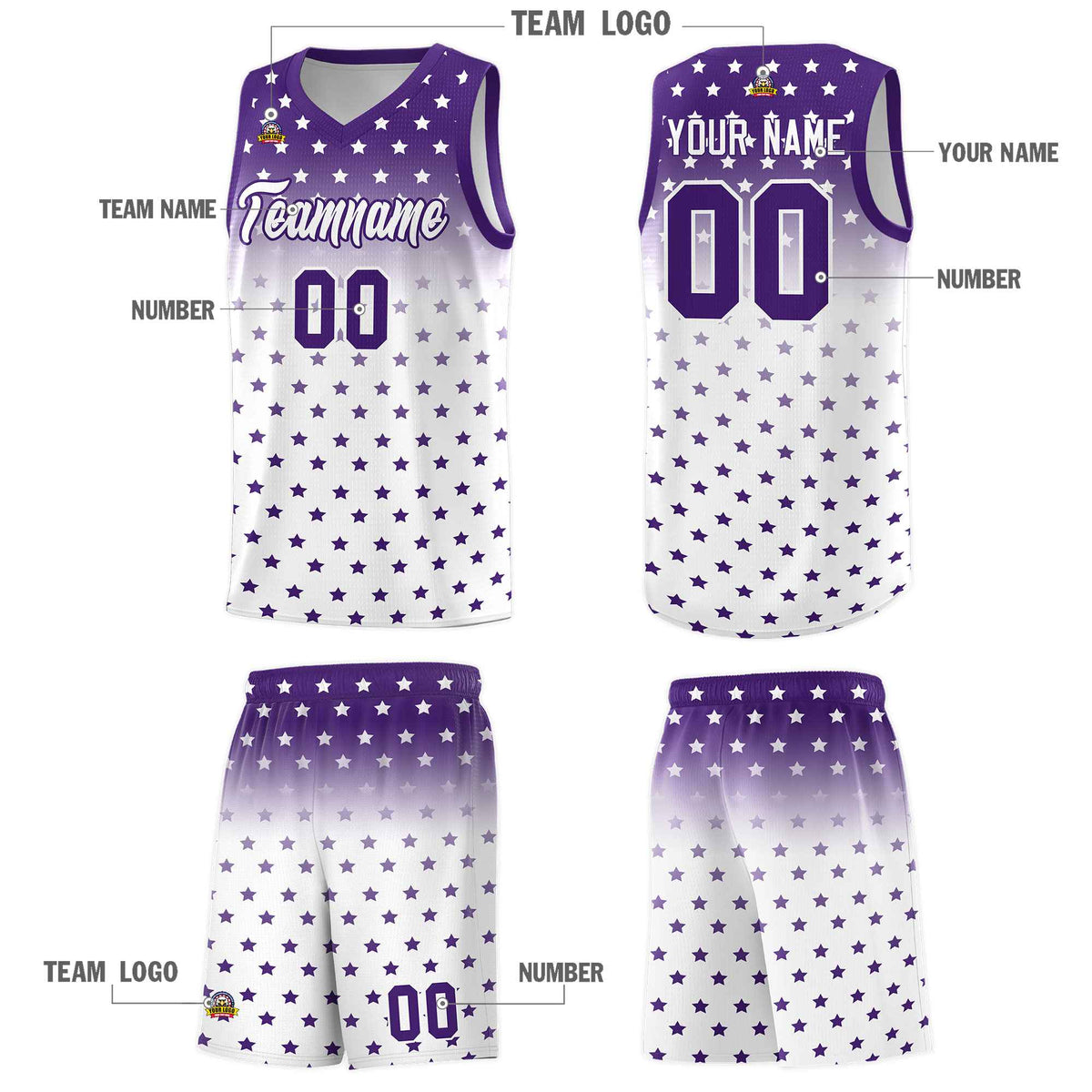 Custom Purple White Gradient Start Pattern Basketball Jersey Kits|KXKSHOP