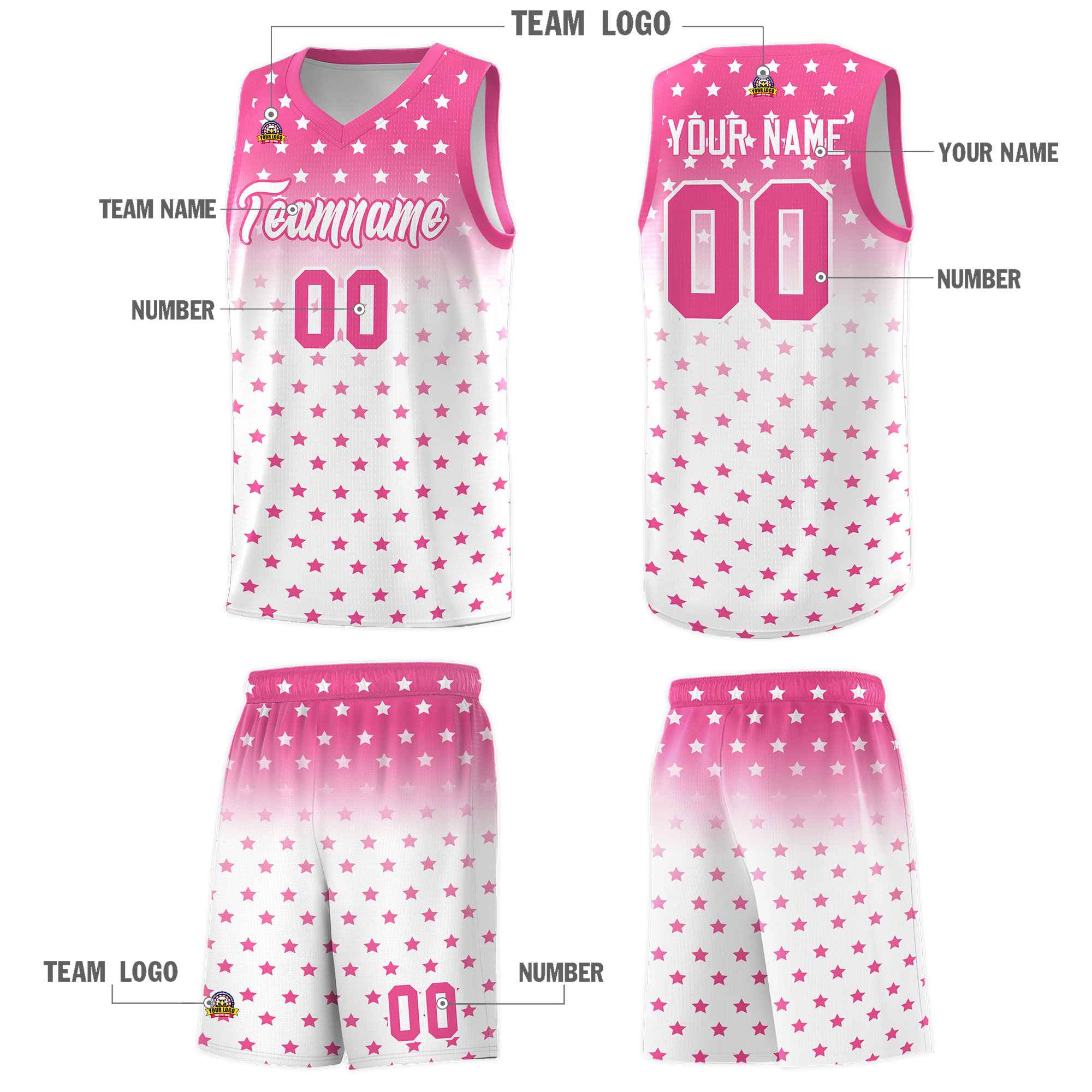 Custom Pink White Gradient Start Pattern Basketball Jersey Kits|KXKSHOP
