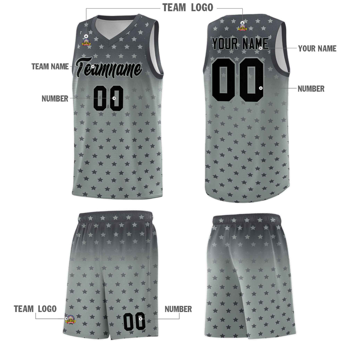 Custom Dark Gray Silver Gradient Start Pattern Basketball Jersey Kits|KXKSHOP