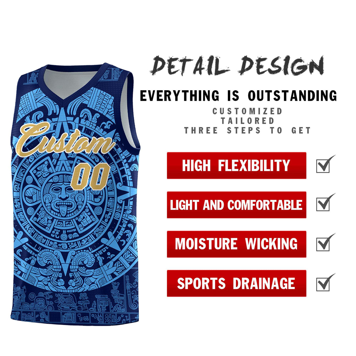 Custom Youth Basketball Jerseys Powder Blue Aztec Sun Stone Personalized Uniform