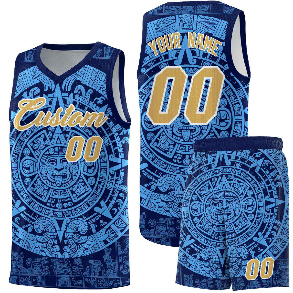 Custom Youth Basketball Jerseys Powder Blue Aztec Sun Stone Personalized Uniform