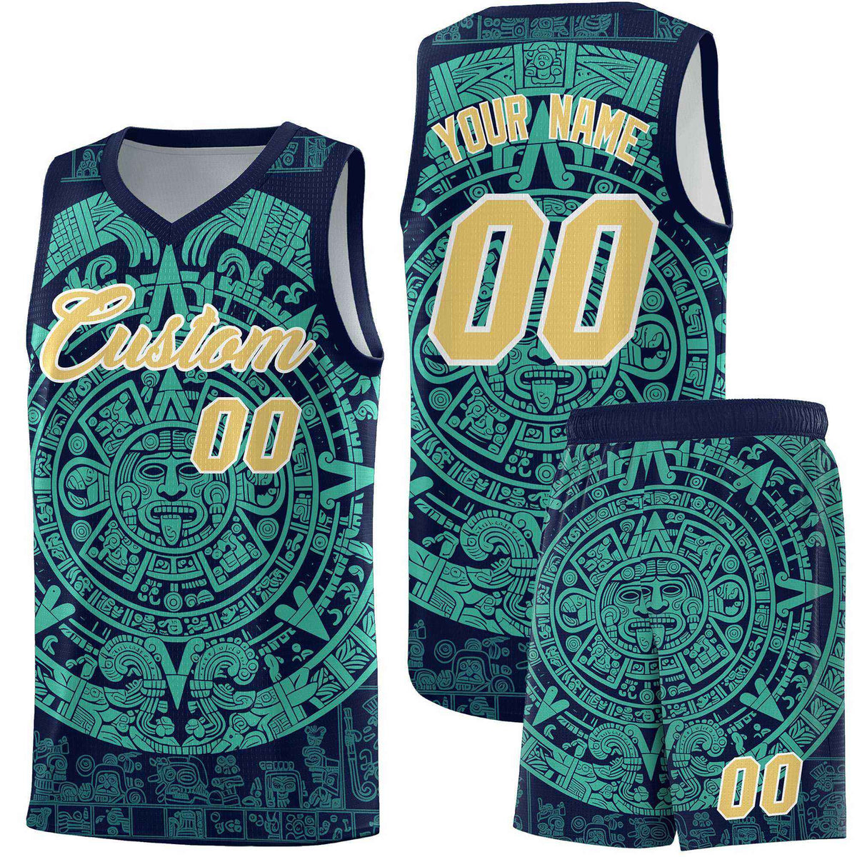 Custom Youth Basketball Jerseys Aqua Aztec Sun Stone Personalized Uniform