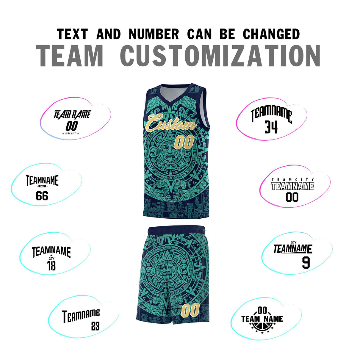 Custom Youth Basketball Jerseys Aqua Aztec Sun Stone Personalized Uniform