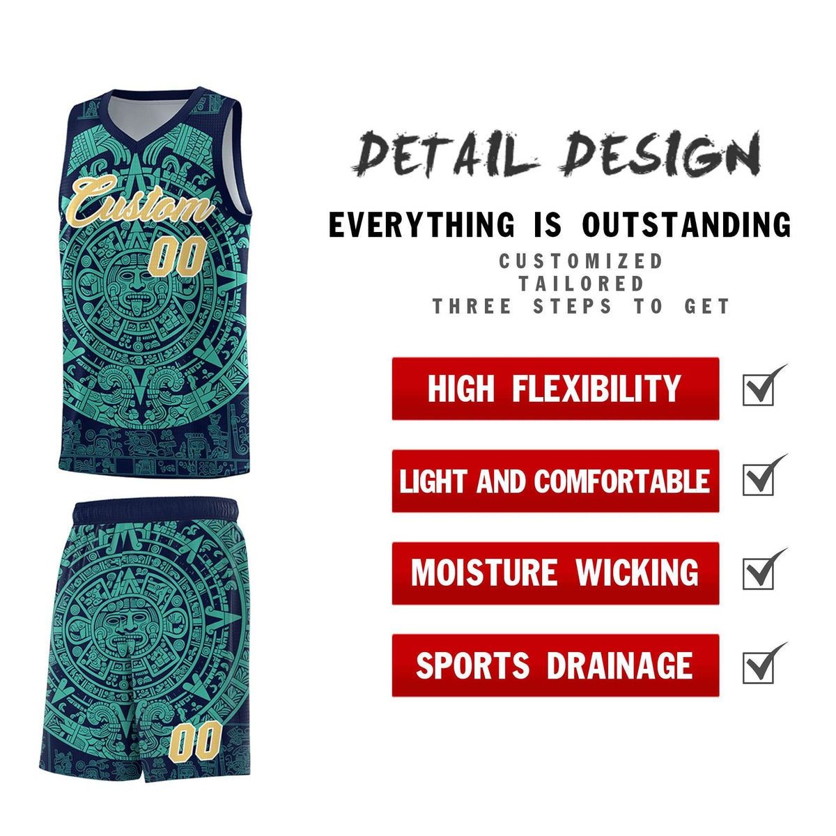 Custom Youth Basketball Jerseys Aqua Aztec Sun Stone Personalized Uniform