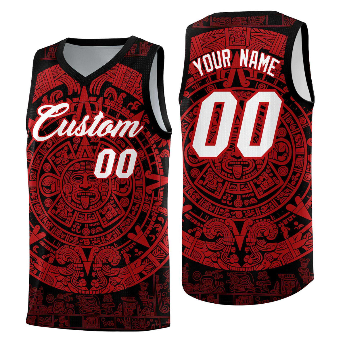 Custom Youth Basketball Jerseys Red Aztec Sun Stone Pattern Custom Team Set