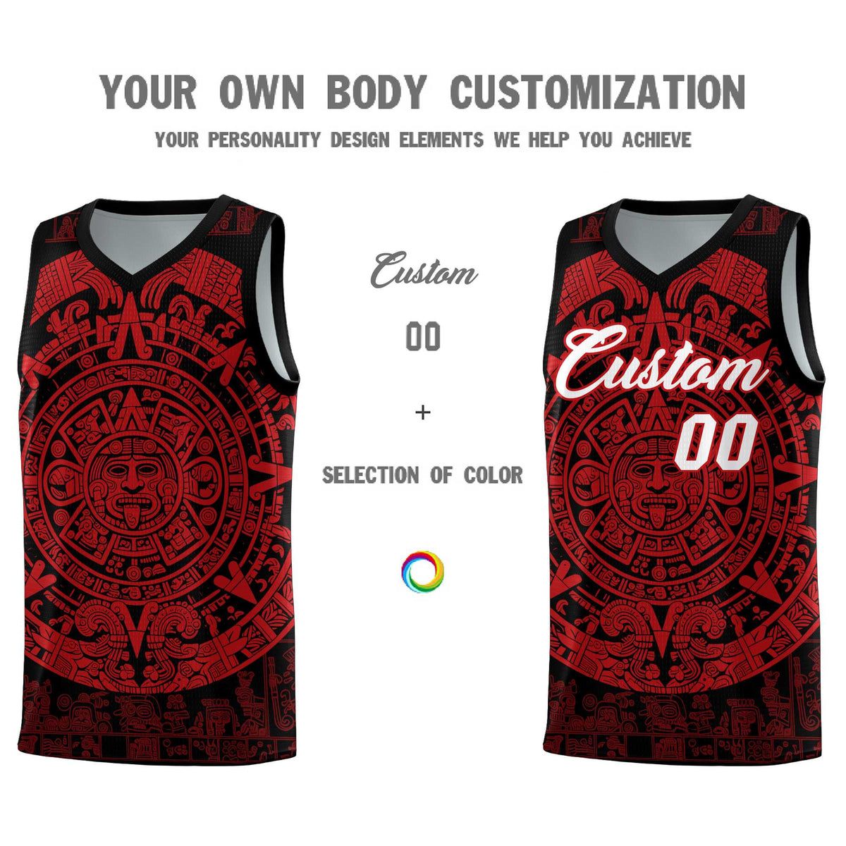 Custom Youth Basketball Jerseys Red Aztec Sun Stone Pattern Custom Team Set
