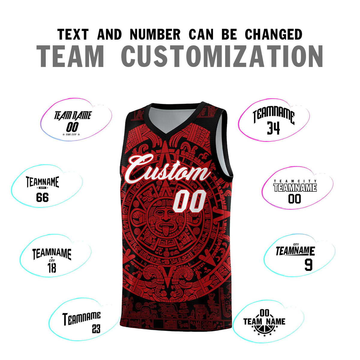 Custom Youth Basketball Jerseys Red Aztec Sun Stone Pattern Custom Team Set