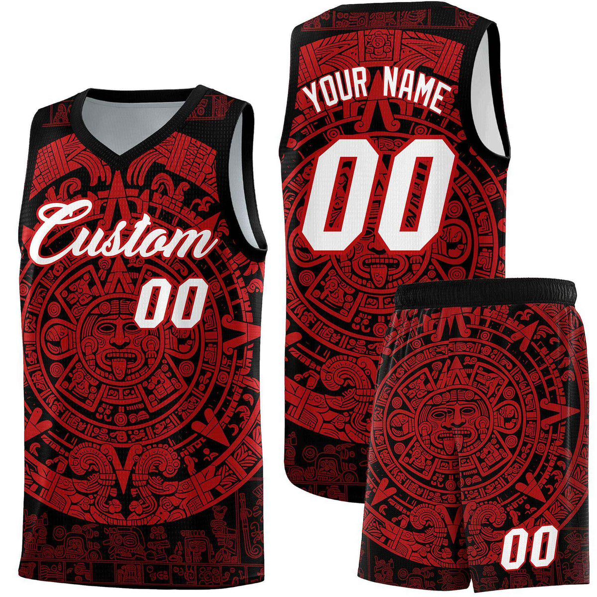 Custom Youth Basketball Jerseys Red Aztec Sun Stone Pattern Custom Team Set