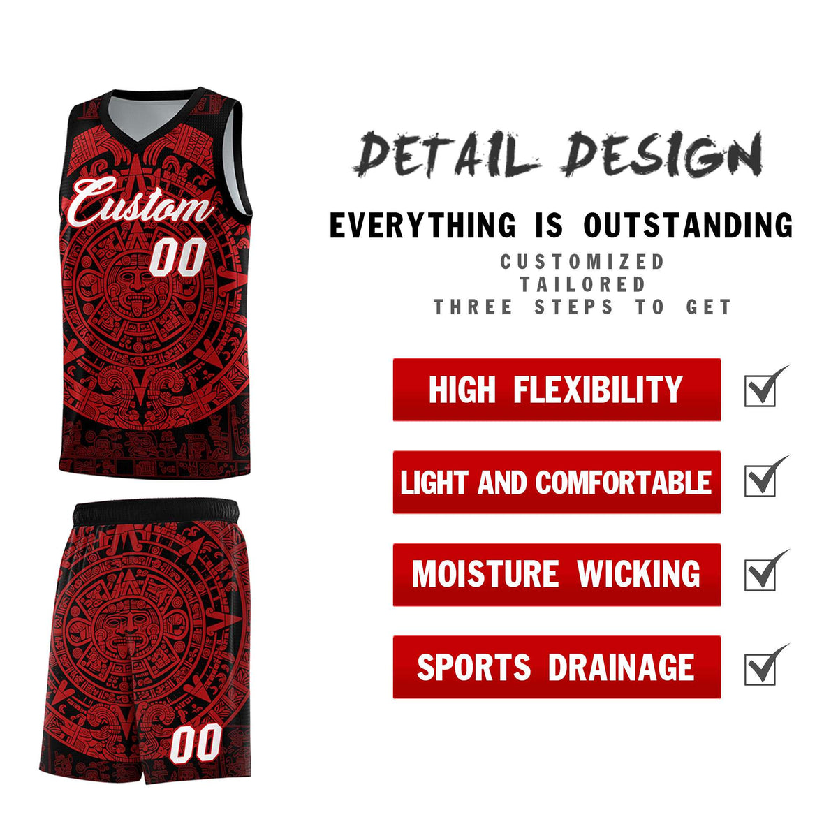 Custom Youth Basketball Jerseys Red Aztec Sun Stone Pattern Custom Team Set
