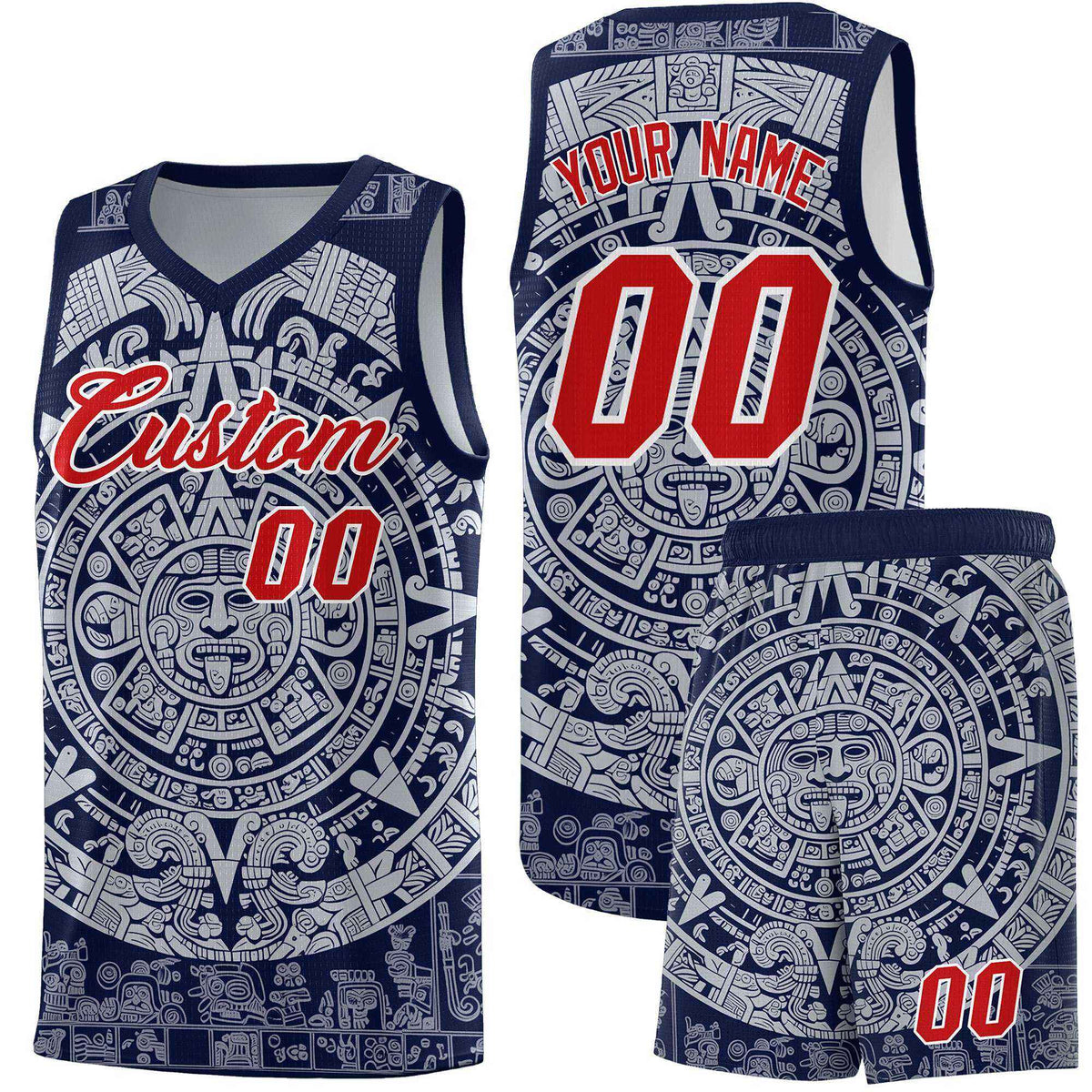 Custom Youth Basketball Jerseys White Aztec Sun Stone Design Team Uniform