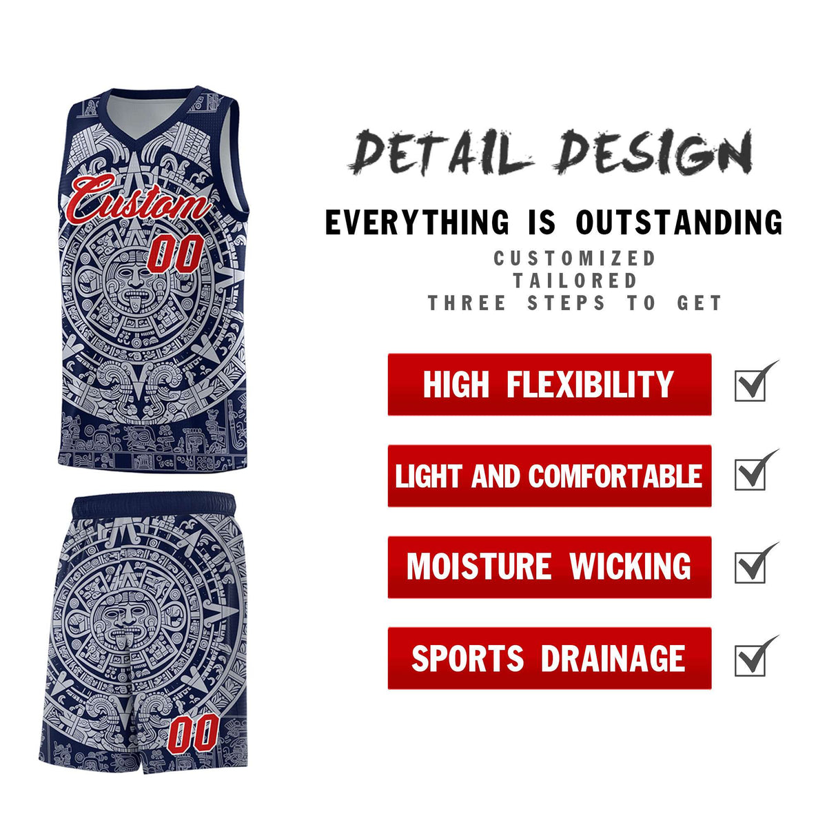Custom Youth Basketball Jerseys White Aztec Sun Stone Design Team Uniform