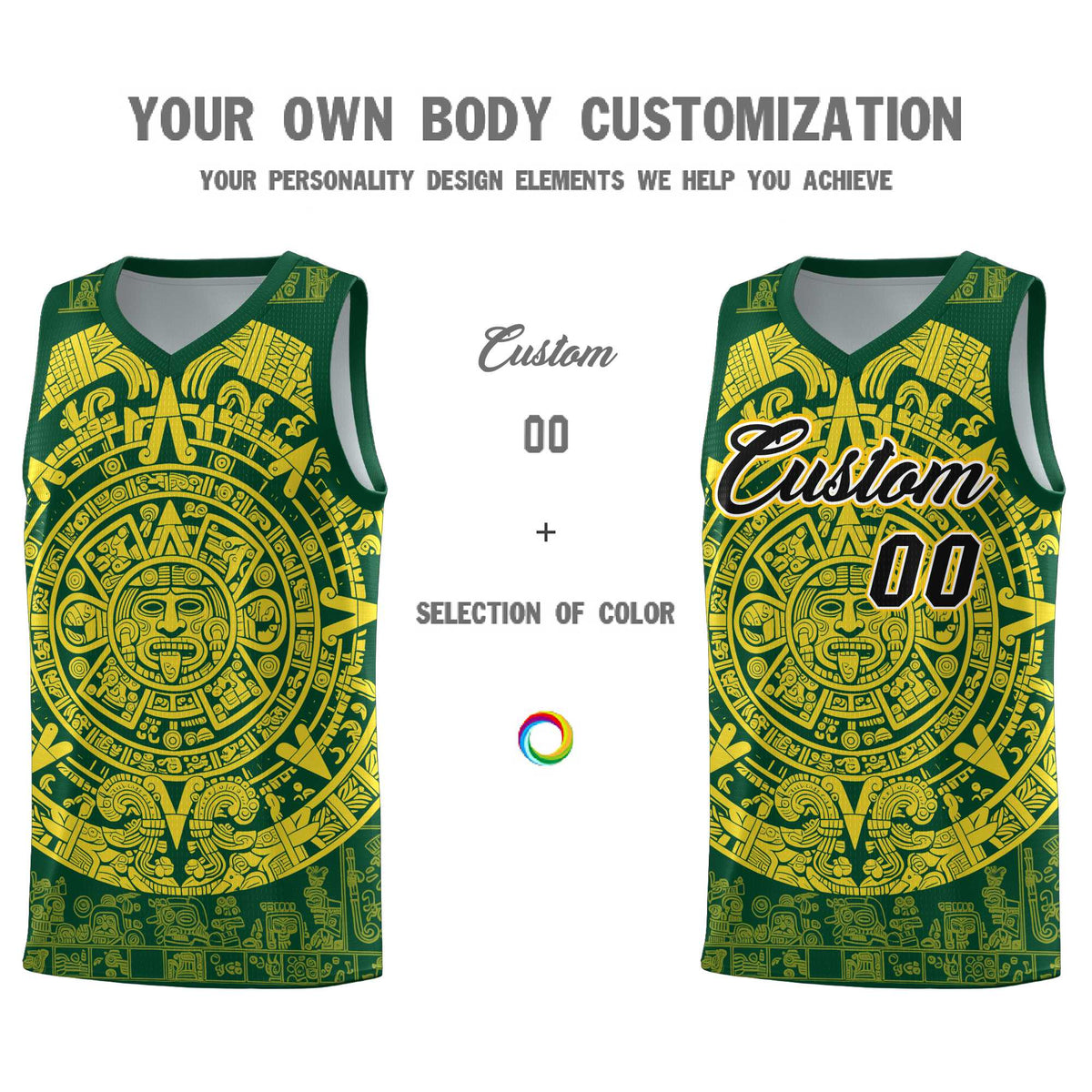 Custom Youth Basketball Jerseys Gold Aztec Sun Stone Personalized Uniform