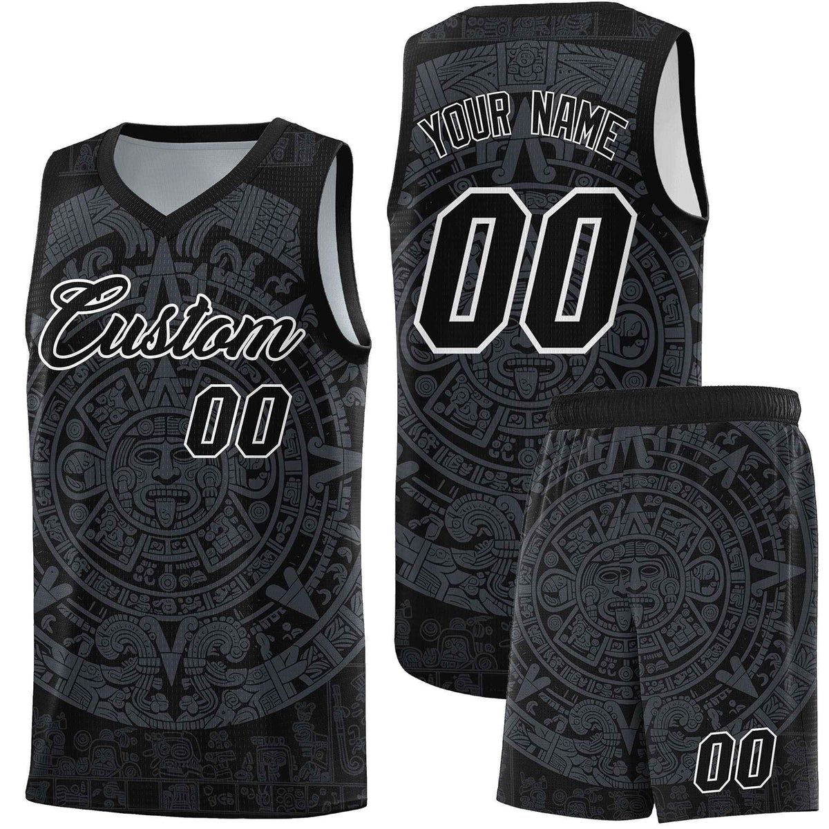 Custom Youth Basketball Jerseys Gray Aztec Sun Stone Design Team Uniform