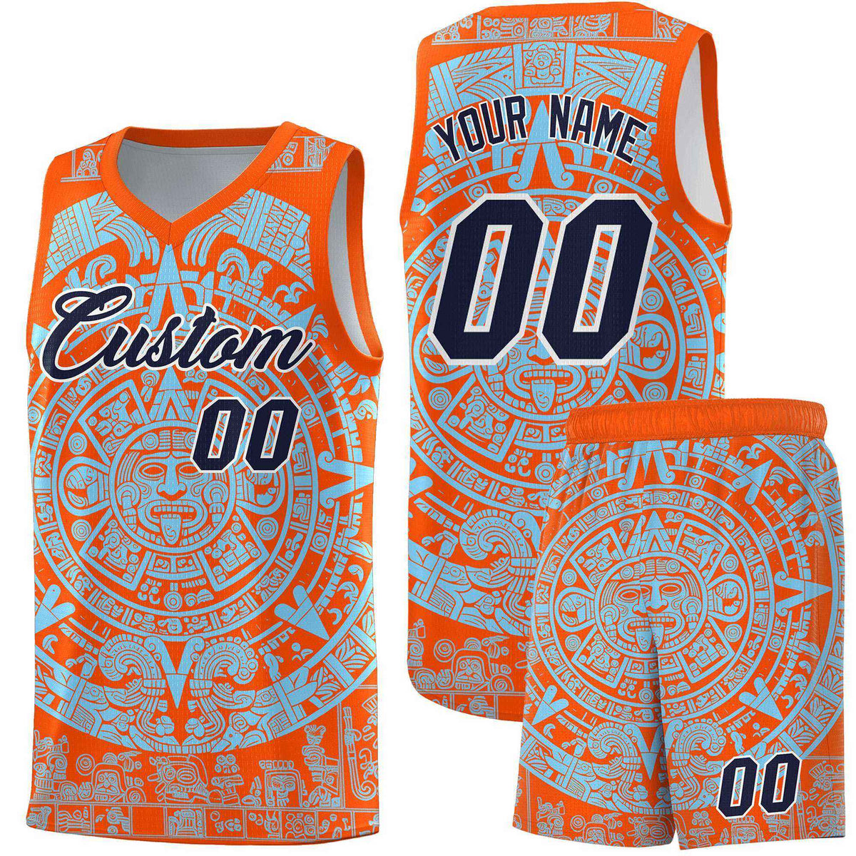 Custom Youth Basketball Jerseys Light Blue Aztec Sun Stone Design Team Uniform