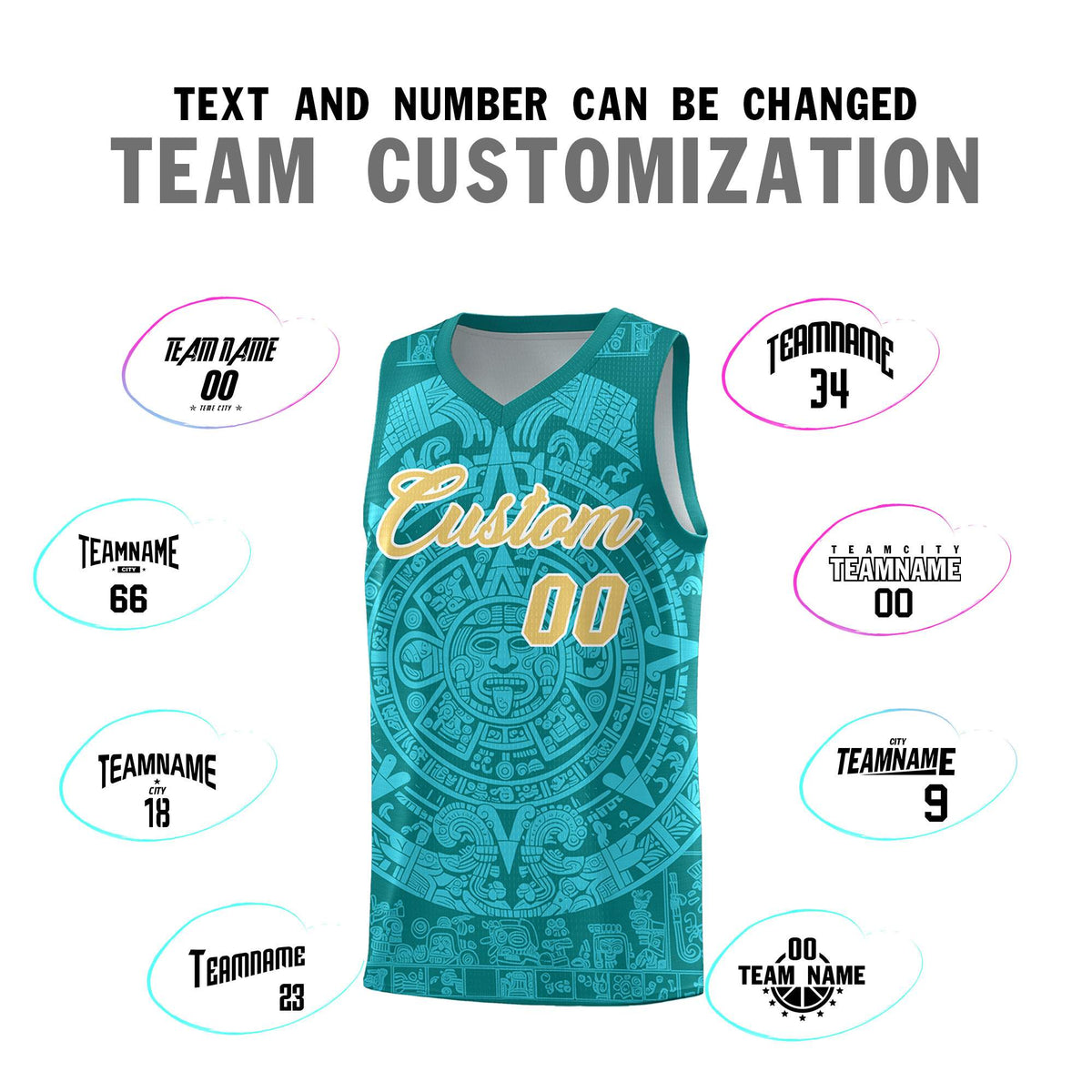 Custom Youth Basketball Jerseys Aqua Aztec Sun Stone Personalized Uniform