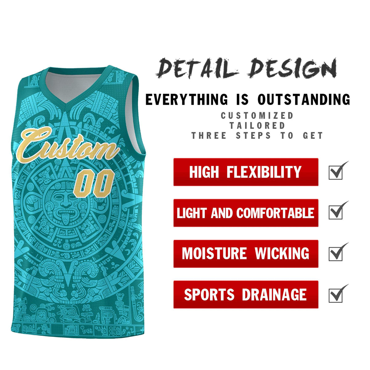 Custom Youth Basketball Jerseys Aqua Aztec Sun Stone Personalized Uniform