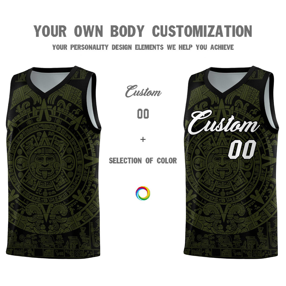 Custom Youth Basketball Jerseys Olive Aztec Sun Stone Pattern Custom Team Set