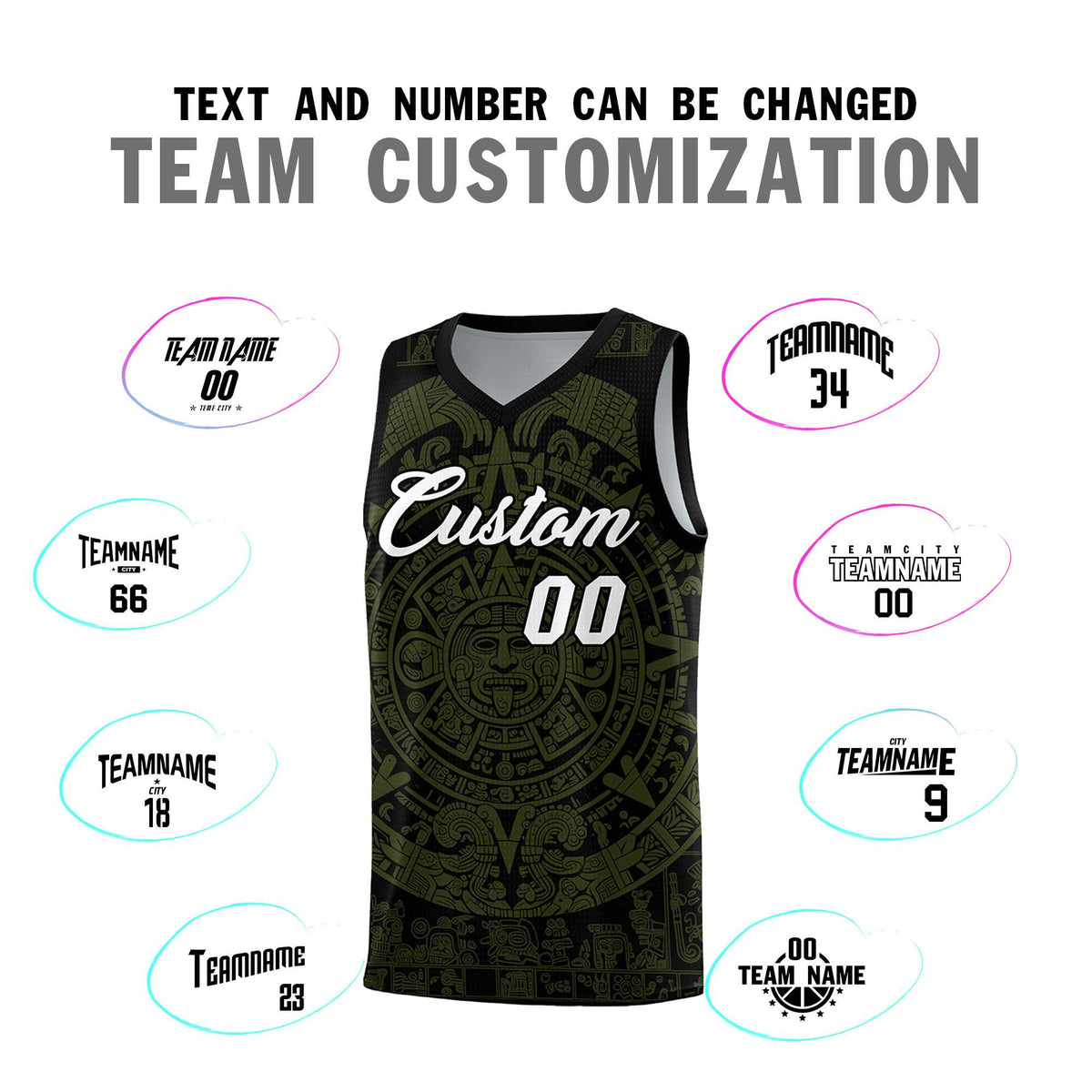 Custom Youth Basketball Jerseys Olive Aztec Sun Stone Pattern Custom Team Set
