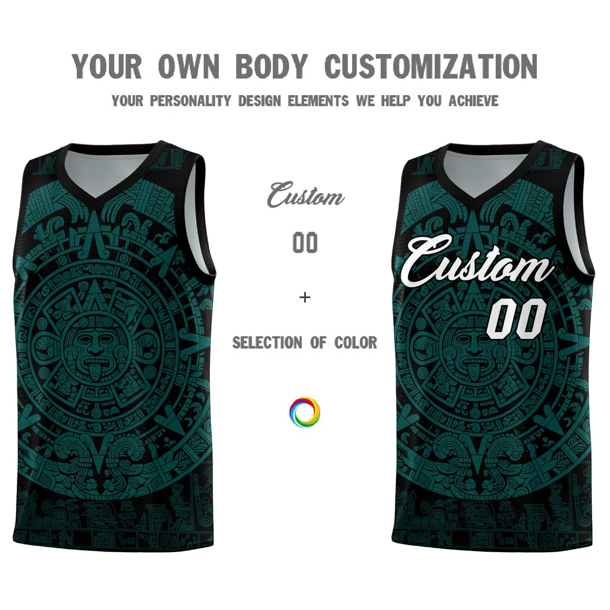Custom Youth Basketball Jerseys Teal Aztec Sun Stone Design Team Uniform