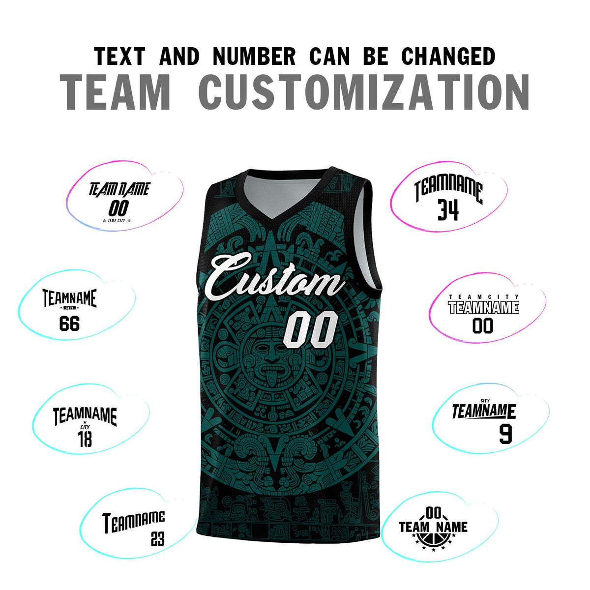 Custom Youth Basketball Jerseys Teal Aztec Sun Stone Design Team Uniform