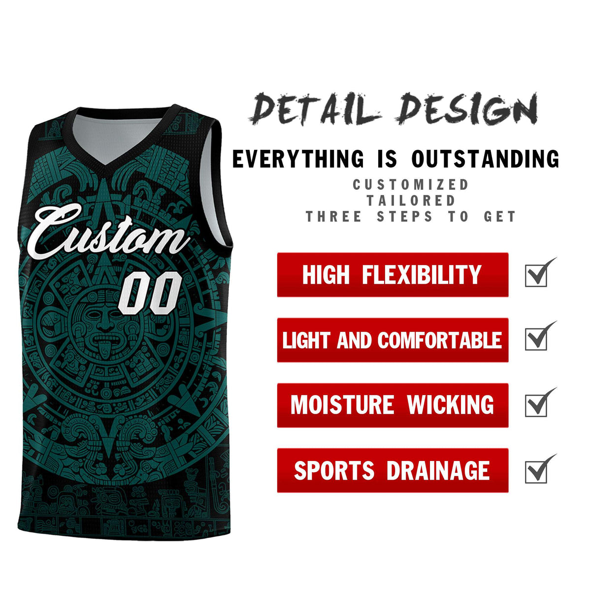 Custom Youth Basketball Jerseys Teal Aztec Sun Stone Design Team Uniform