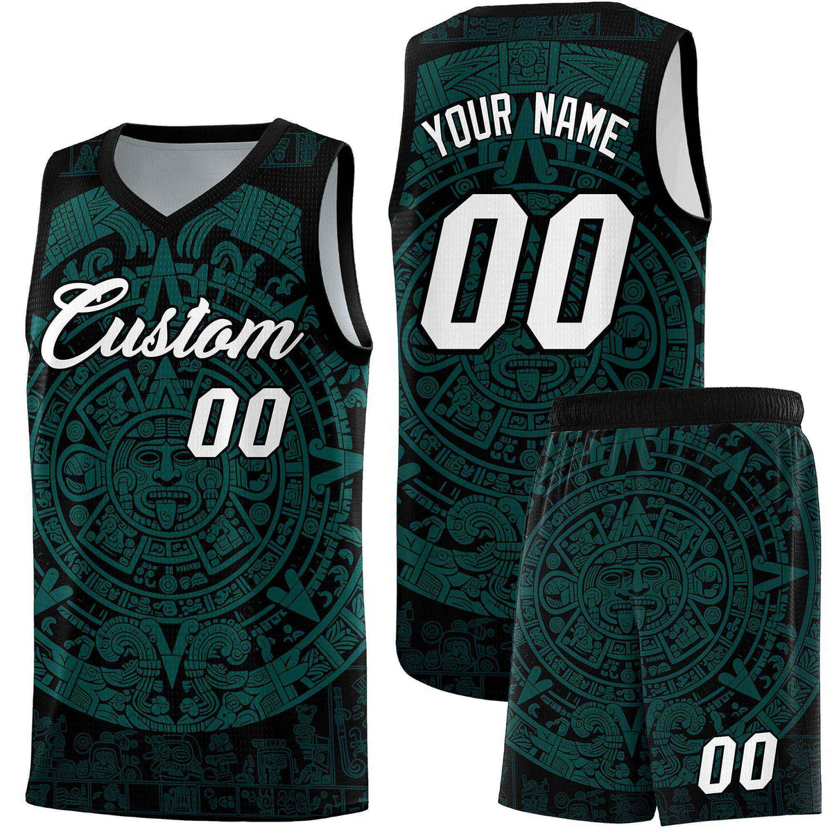 Custom Youth Basketball Jerseys Teal Aztec Sun Stone Design Team Uniform