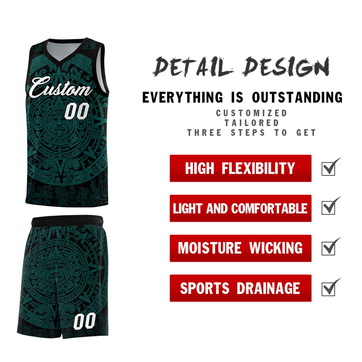 Custom Youth Basketball Jerseys Teal Aztec Sun Stone Design Team Uniform